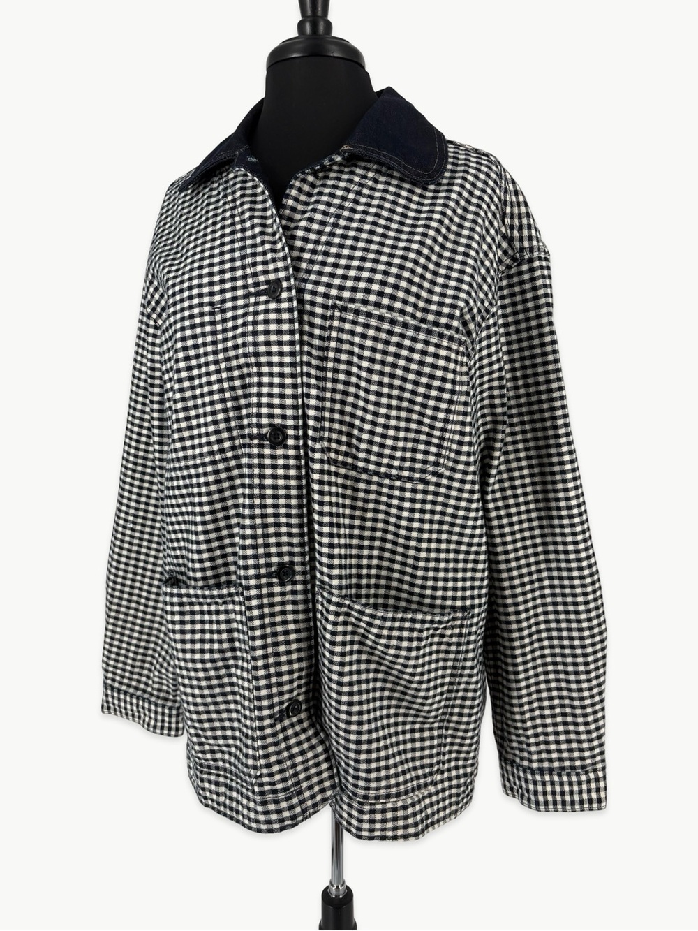 Gap × DÔEN Gingham Oversized Denim Jacket Size Large Navy Blue Coastal - Picture 10 of 13